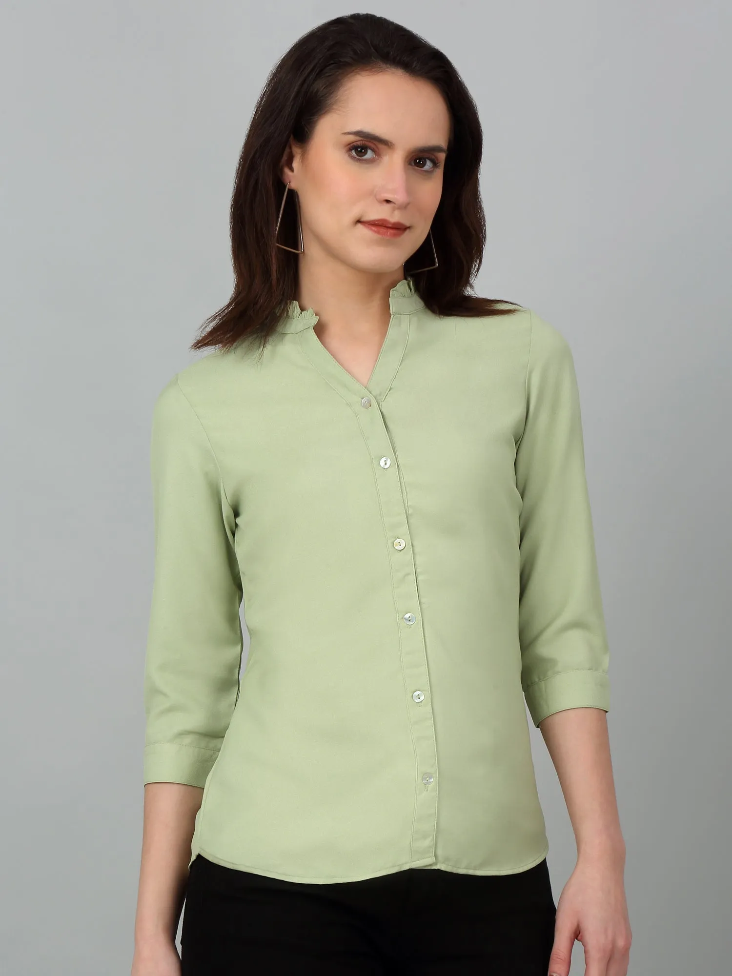 Women's Casual  Green Solid Mandarin Collar Top