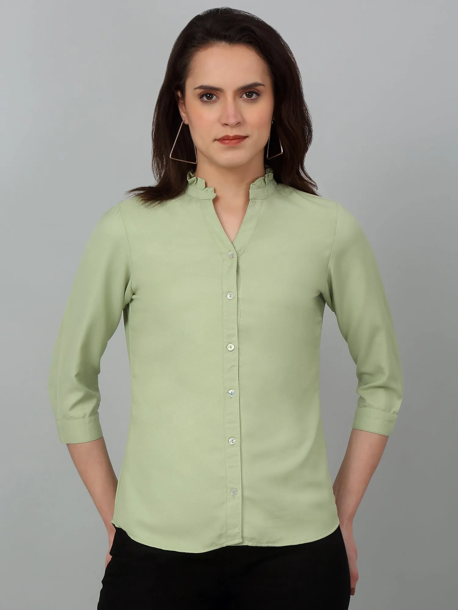 Women's Casual  Green Solid Mandarin Collar Top