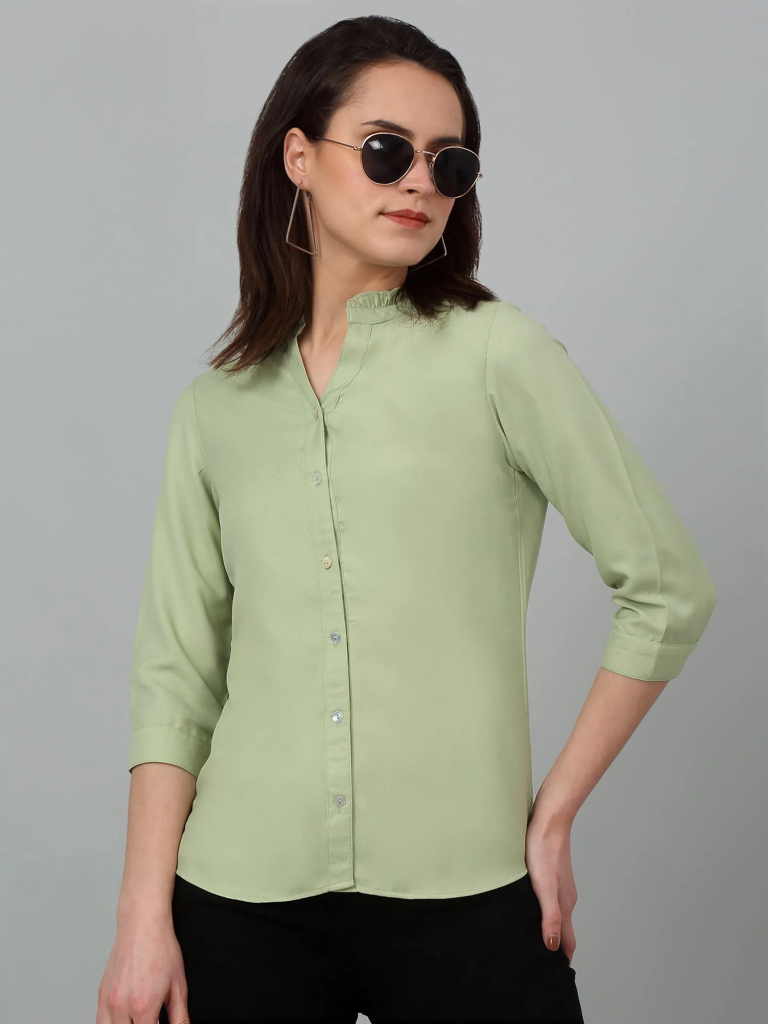 Women's Casual  Green Solid Mandarin Collar Top