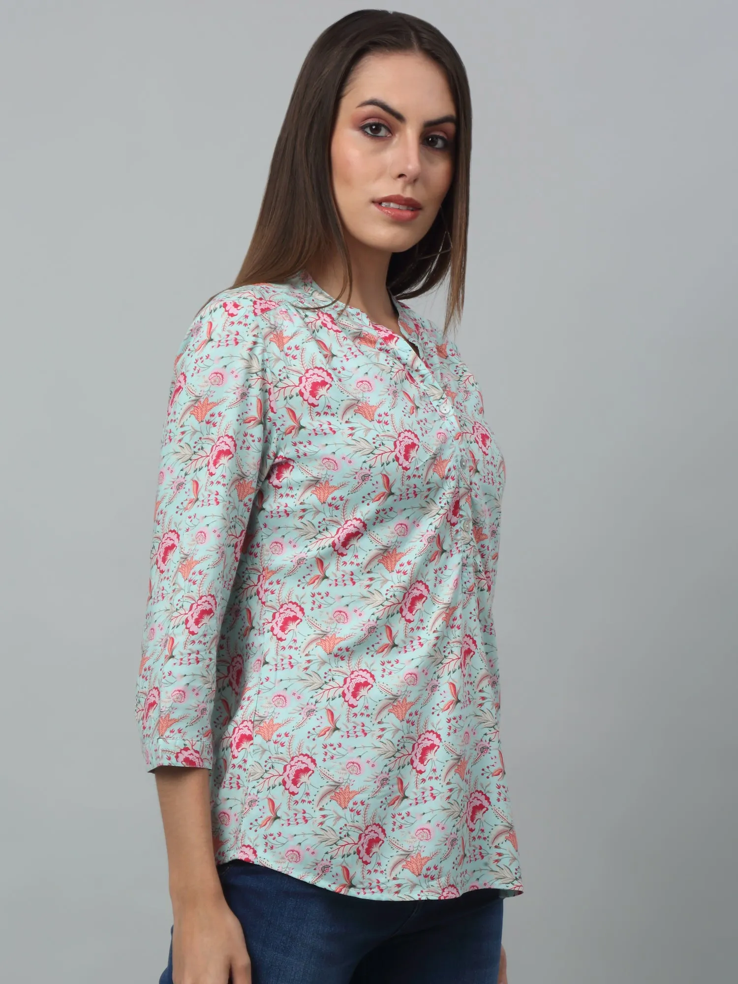 Women's Casual  Multi Color Floral Print Mandarin Collar Tunic