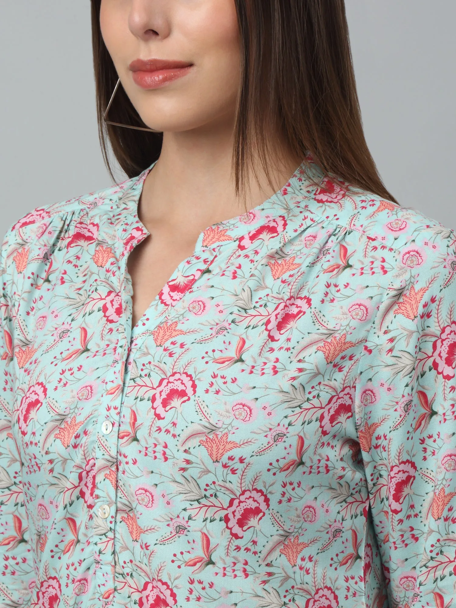 Women's Casual  Multi Color Floral Print Mandarin Collar Tunic