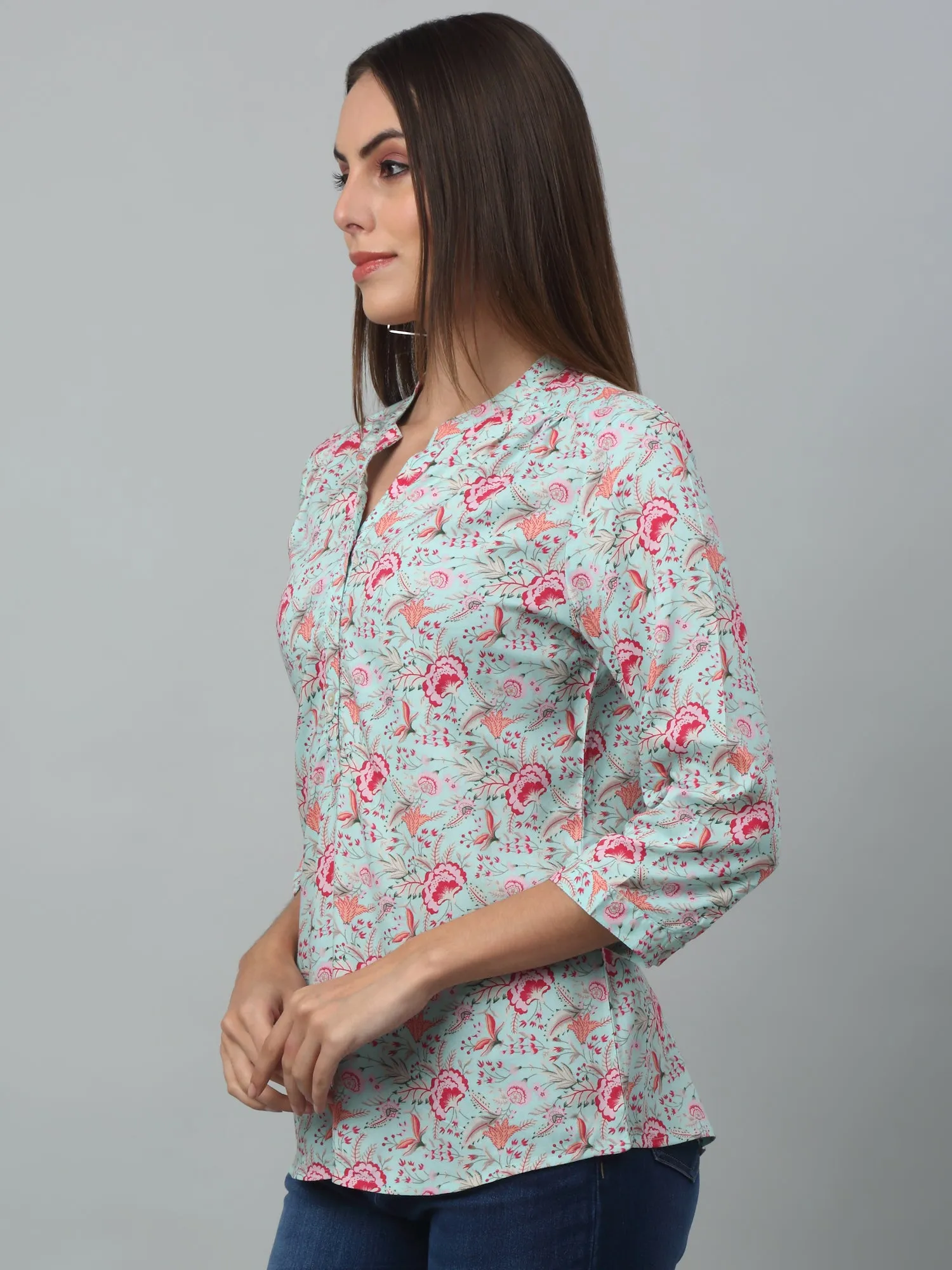 Women's Casual  Multi Color Floral Print Mandarin Collar Tunic