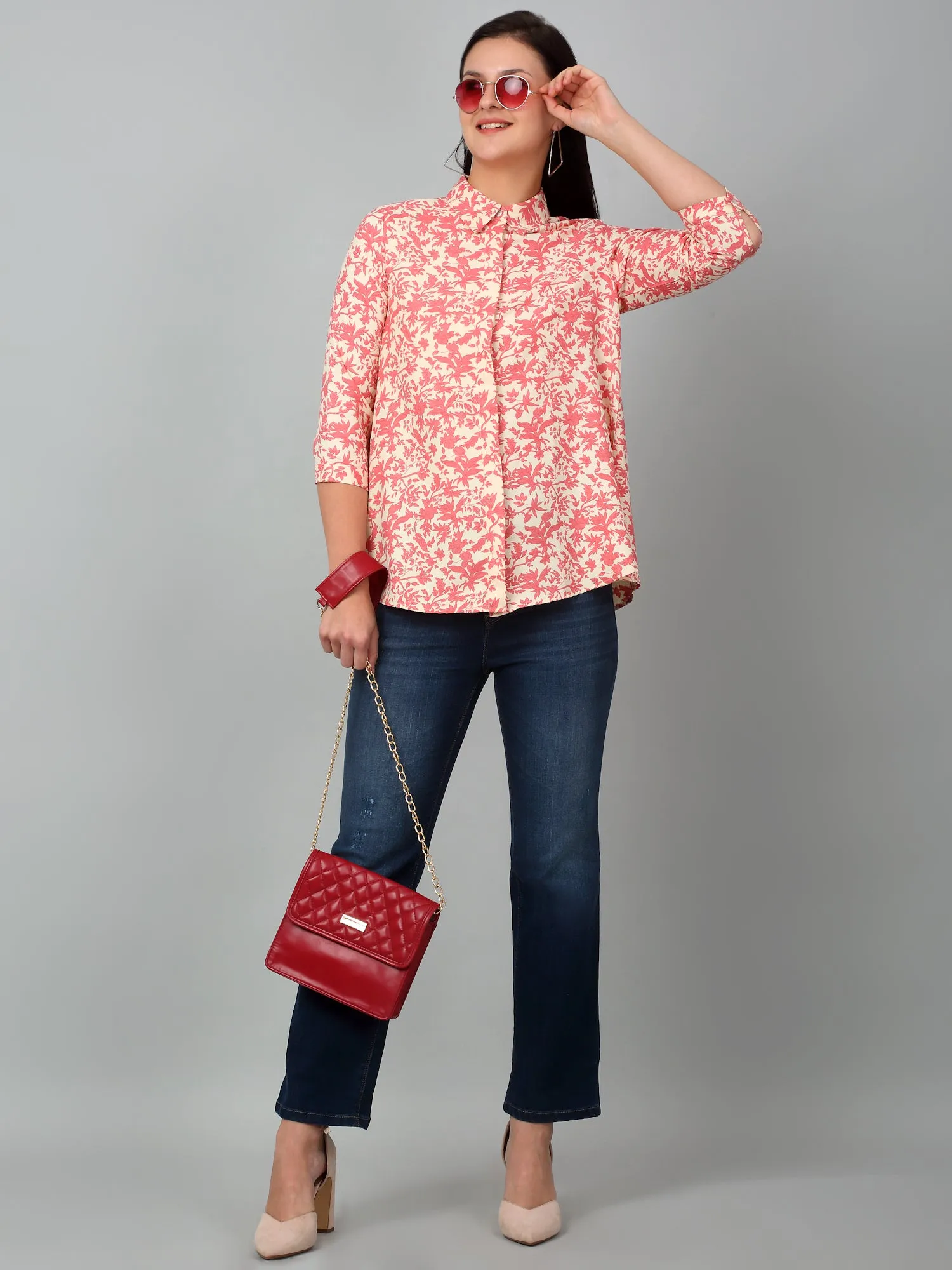 Women's Casual  Multi Color Floral Print Spread Collar Tunic