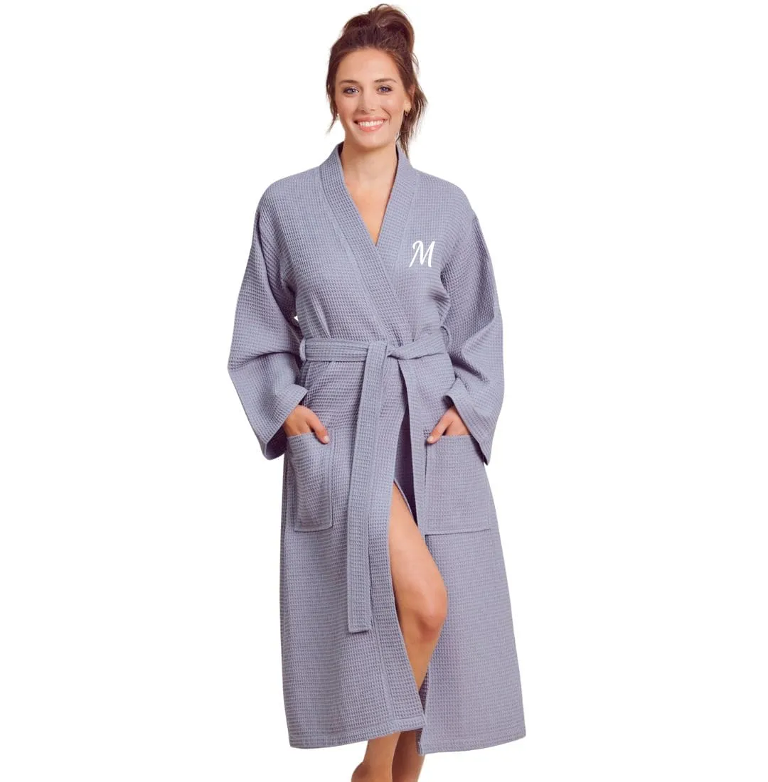 Women's Long Waffle Cotton Turkish Bathrobe, Kimono Style, Luxury Robe Poly blend (Grey)