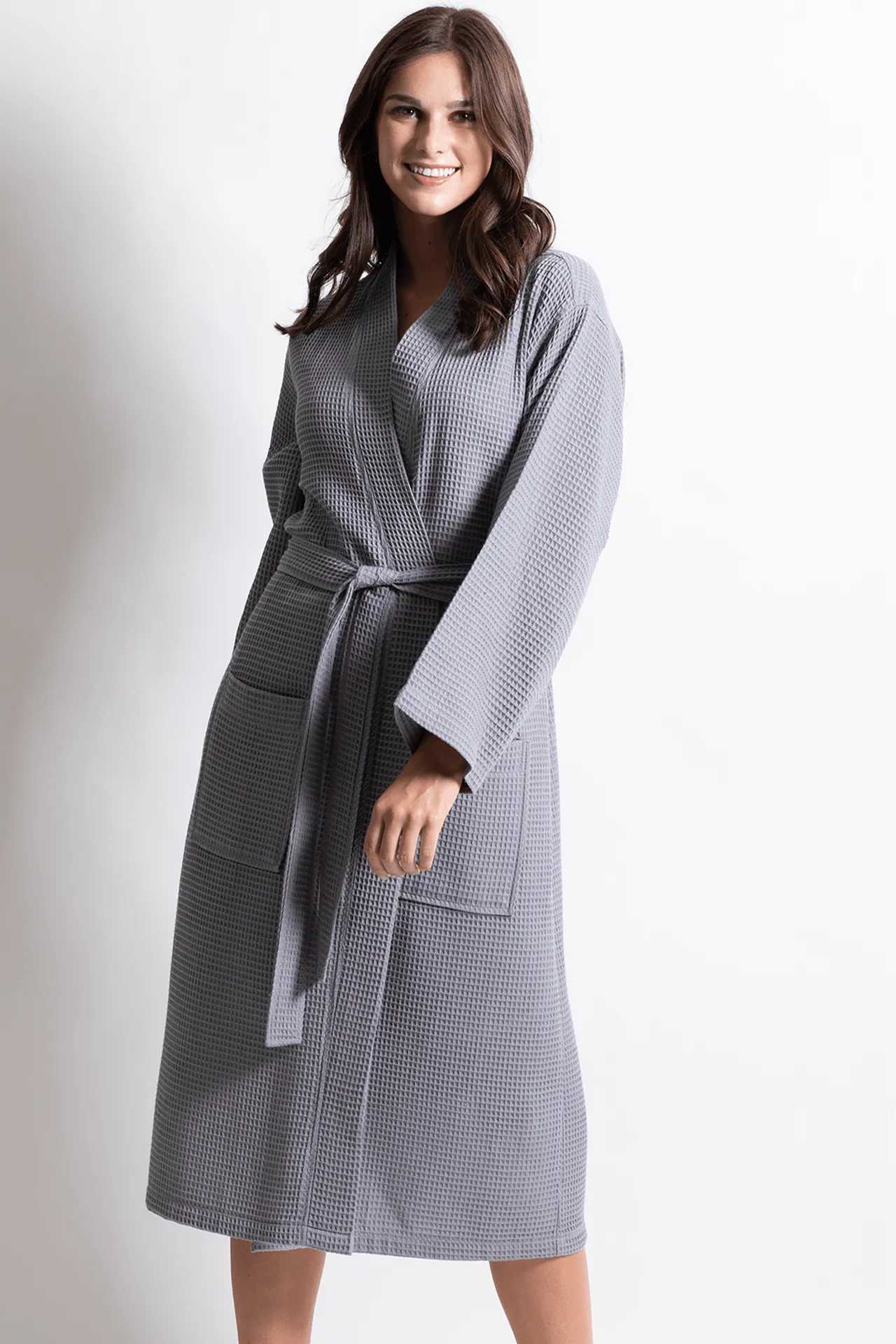 Women's Long Waffle Cotton Turkish Bathrobe, Kimono Style, Luxury Robe Poly blend (Grey)