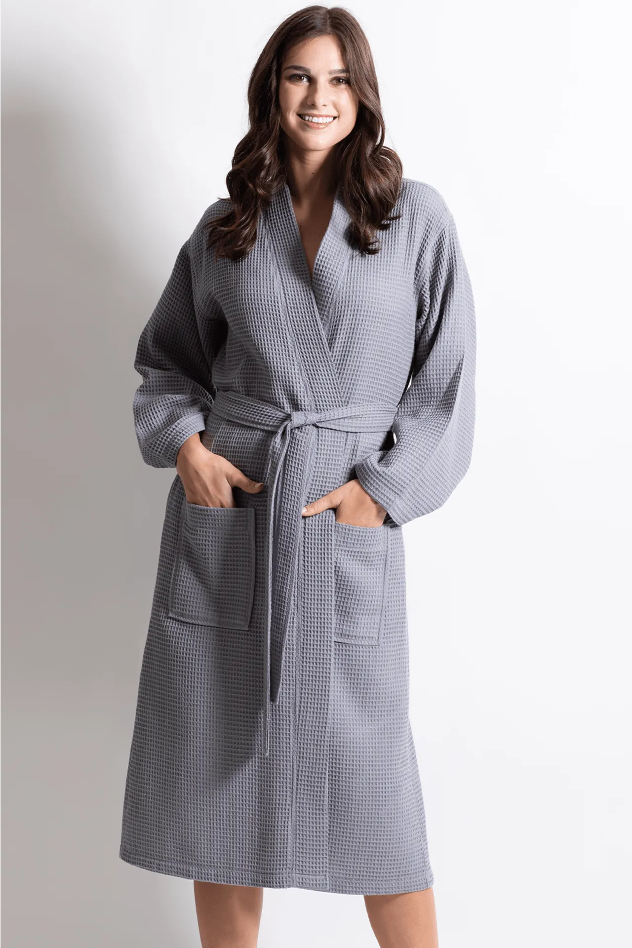 Women's Long Waffle Cotton Turkish Bathrobe, Kimono Style, Luxury Robe Poly blend (Grey)