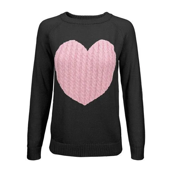 Women's Love Heart Jacquard Round Neck Pullover Sweater