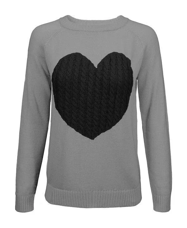 Women's Love Heart Jacquard Round Neck Pullover Sweater