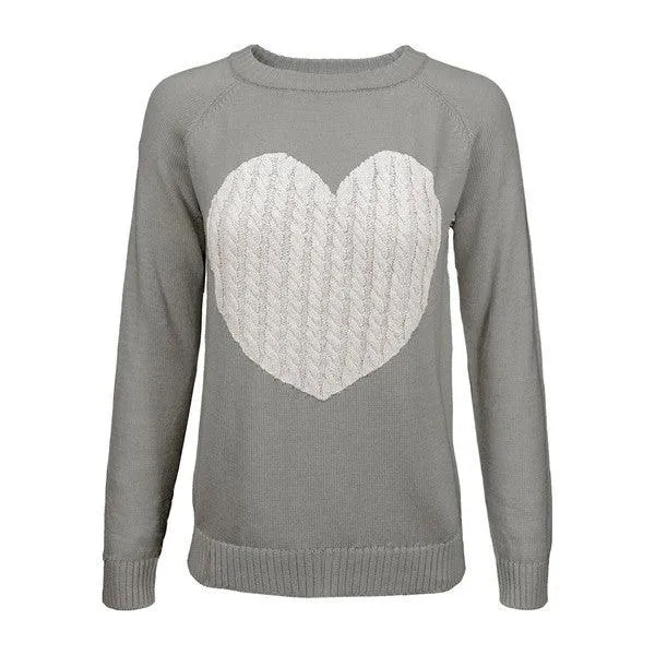 Women's Love Heart Jacquard Round Neck Pullover Sweater