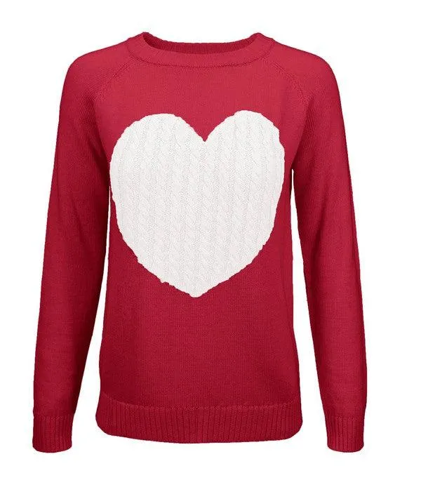 Women's Love Heart Jacquard Round Neck Pullover Sweater