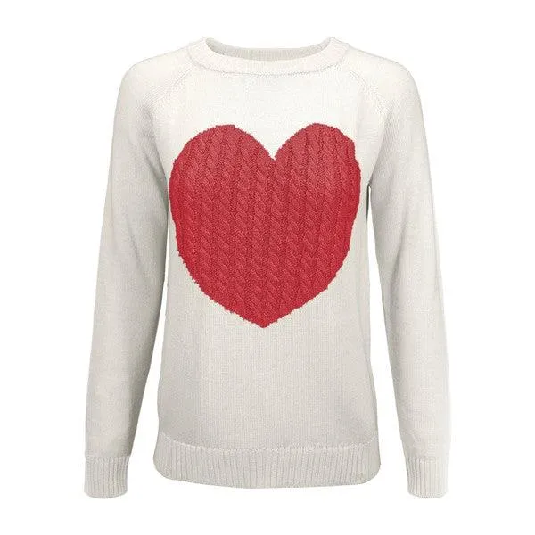 Women's Love Heart Jacquard Round Neck Pullover Sweater