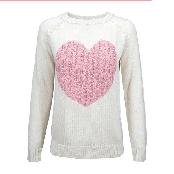 Women's Love Heart Jacquard Round Neck Pullover Sweater