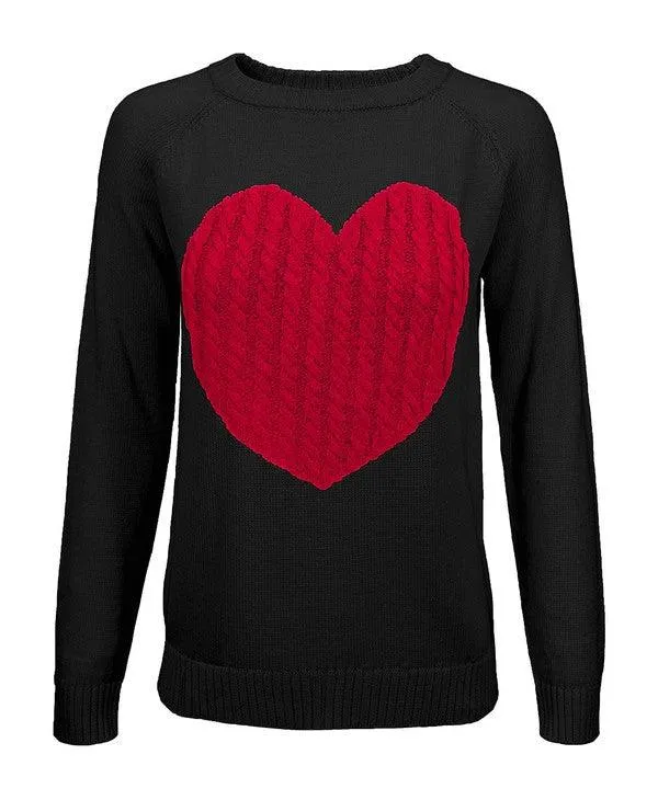 Women's Love Heart Jacquard Round Neck Pullover Sweater