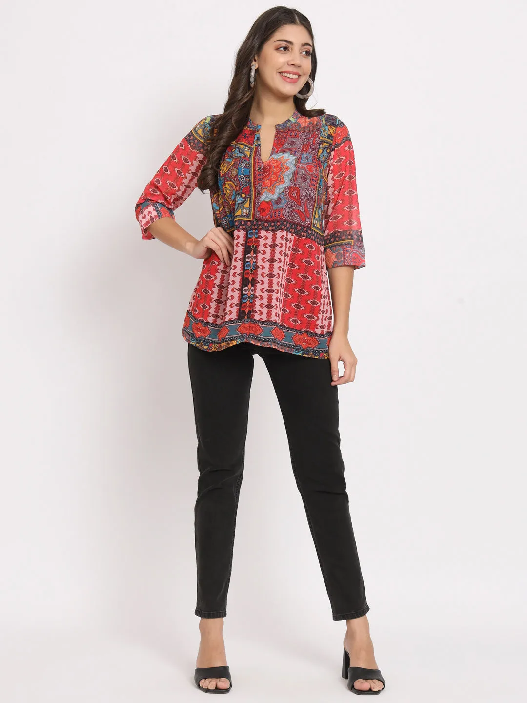 Women's Mandarin Collar Printed Ethnic Kurti