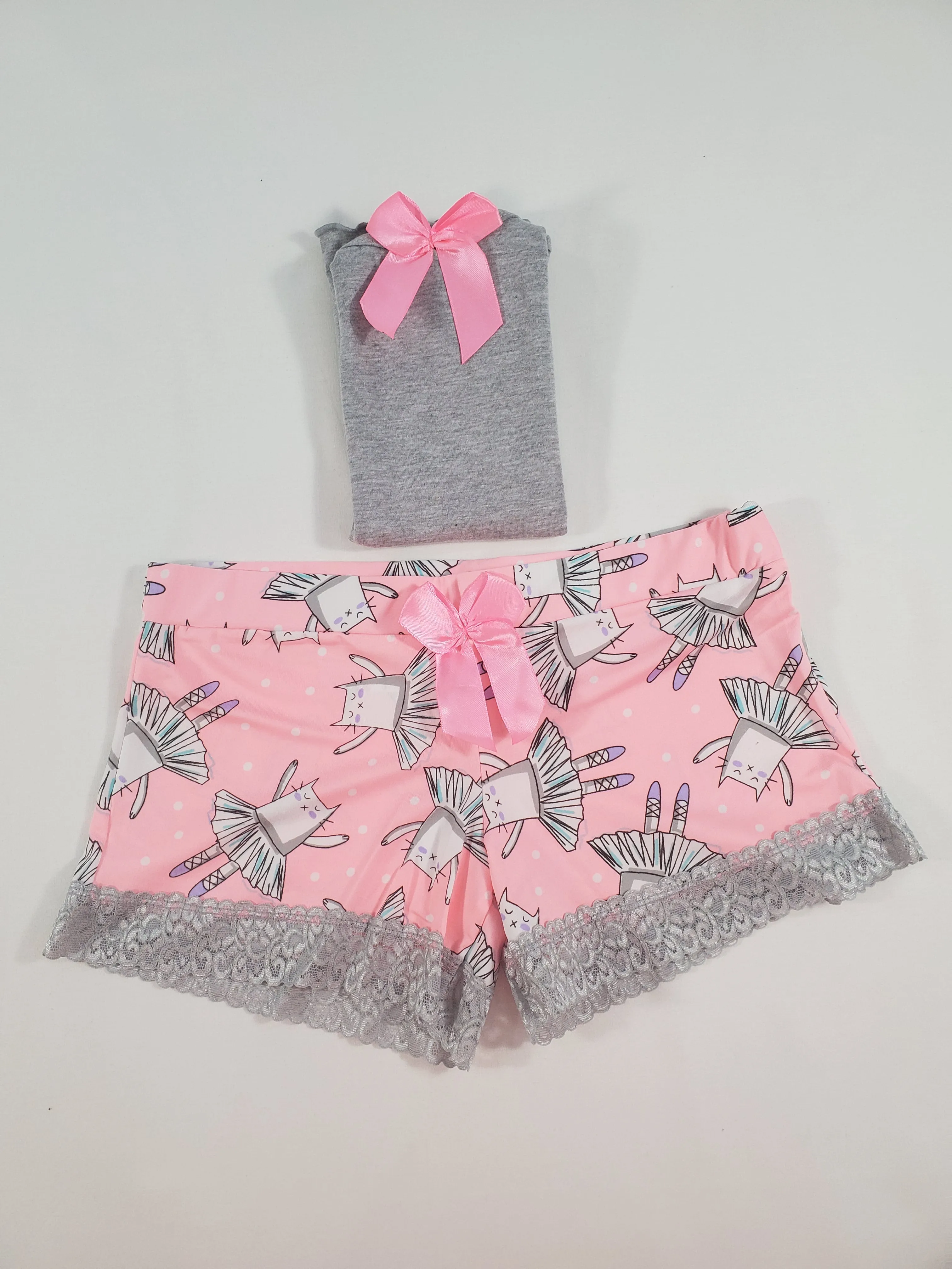 Women's Pijama set pink tutu shorts ballerina theme gray blouse