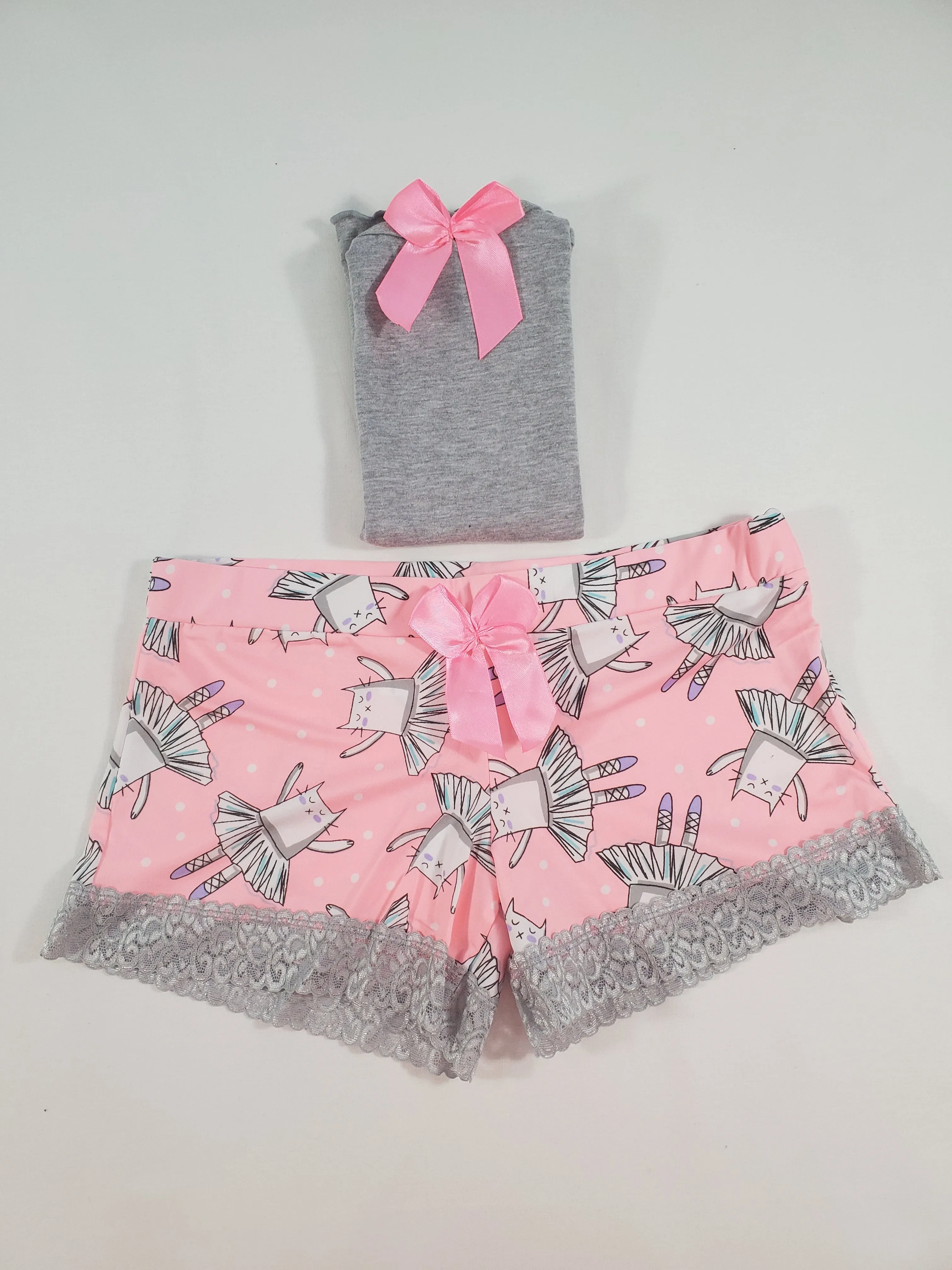 Women's Pijama set pink tutu shorts ballerina theme gray blouse