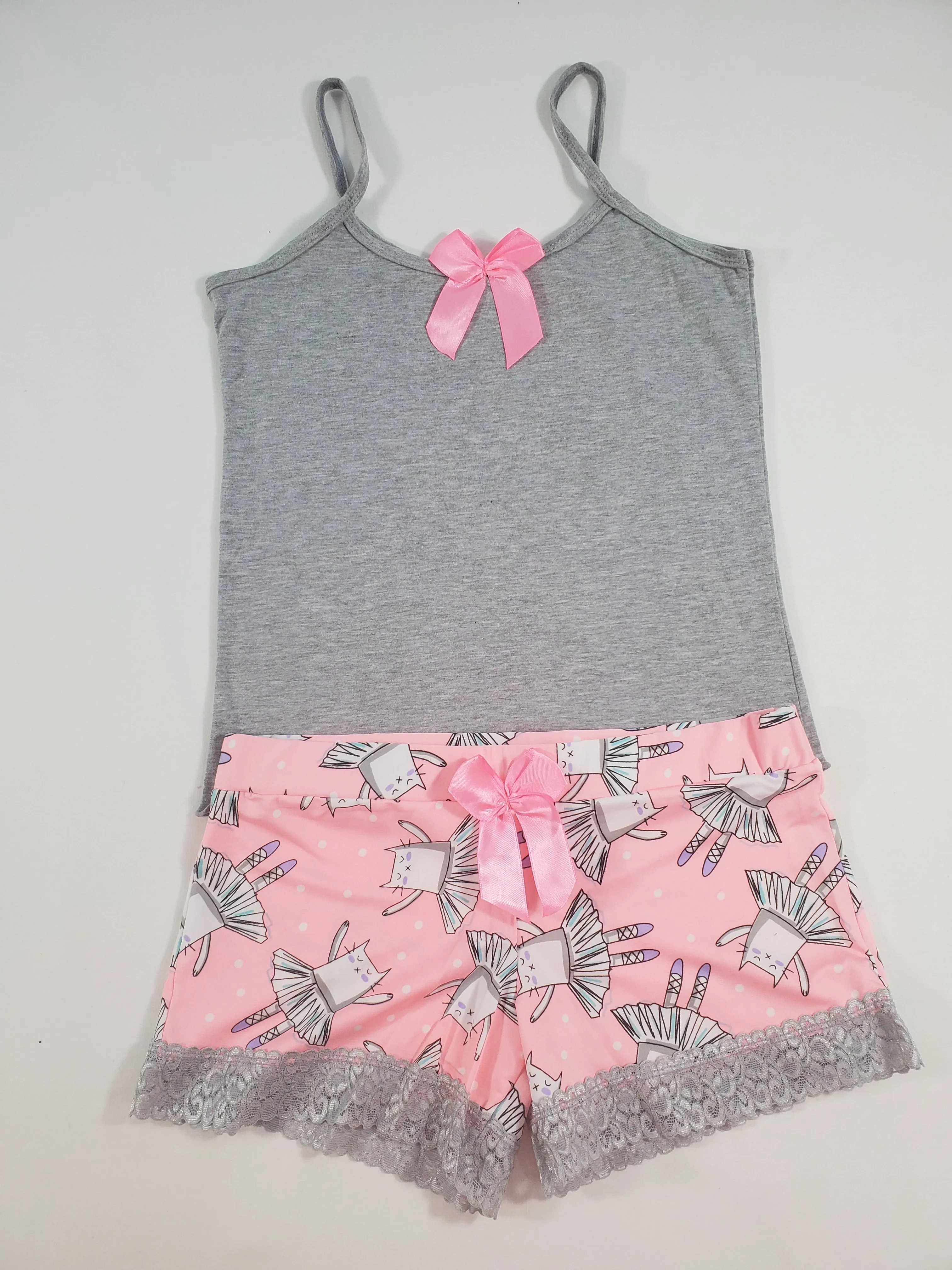 Women's Pijama set pink tutu shorts ballerina theme gray blouse