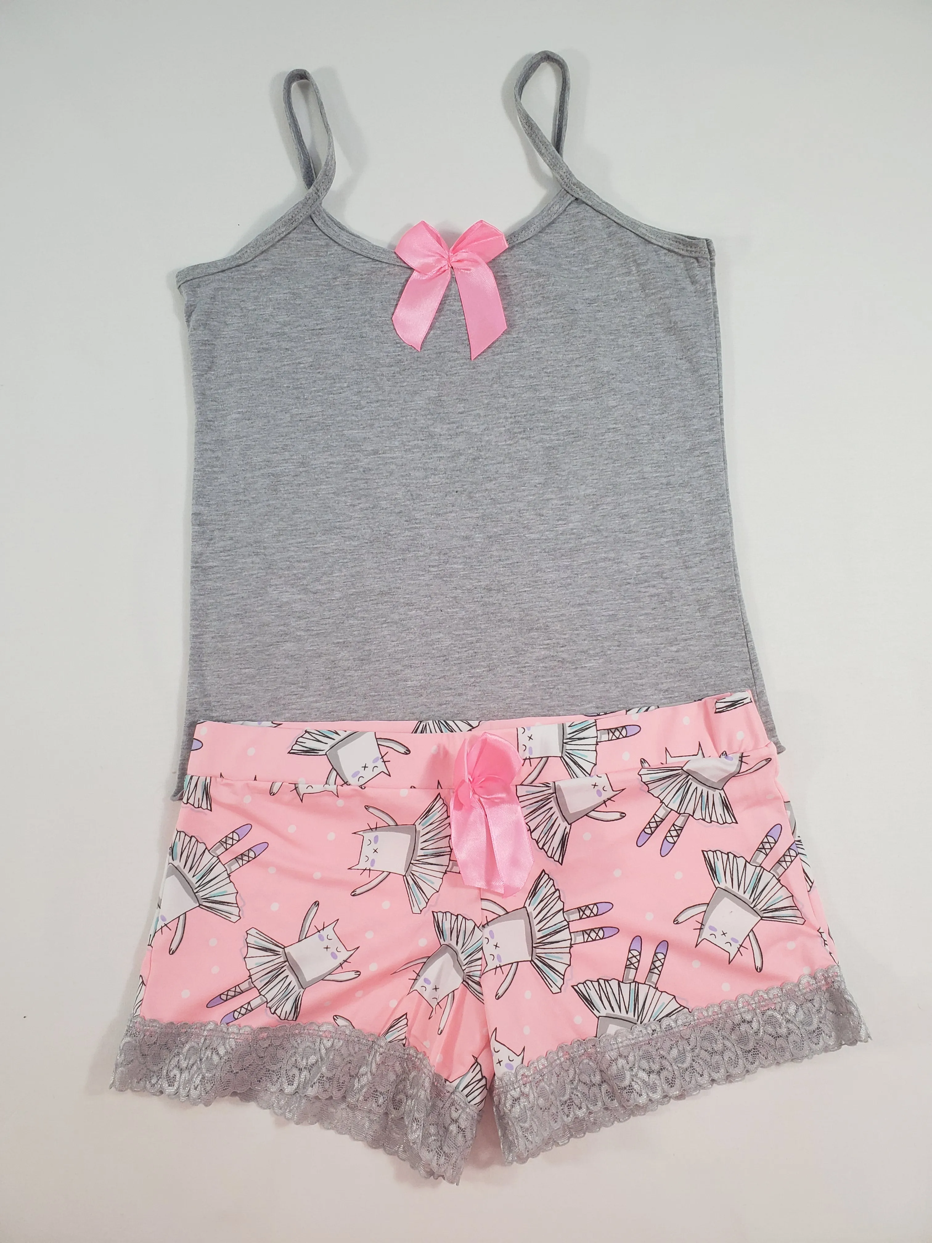 Women's Pijama set pink tutu shorts ballerina theme gray blouse