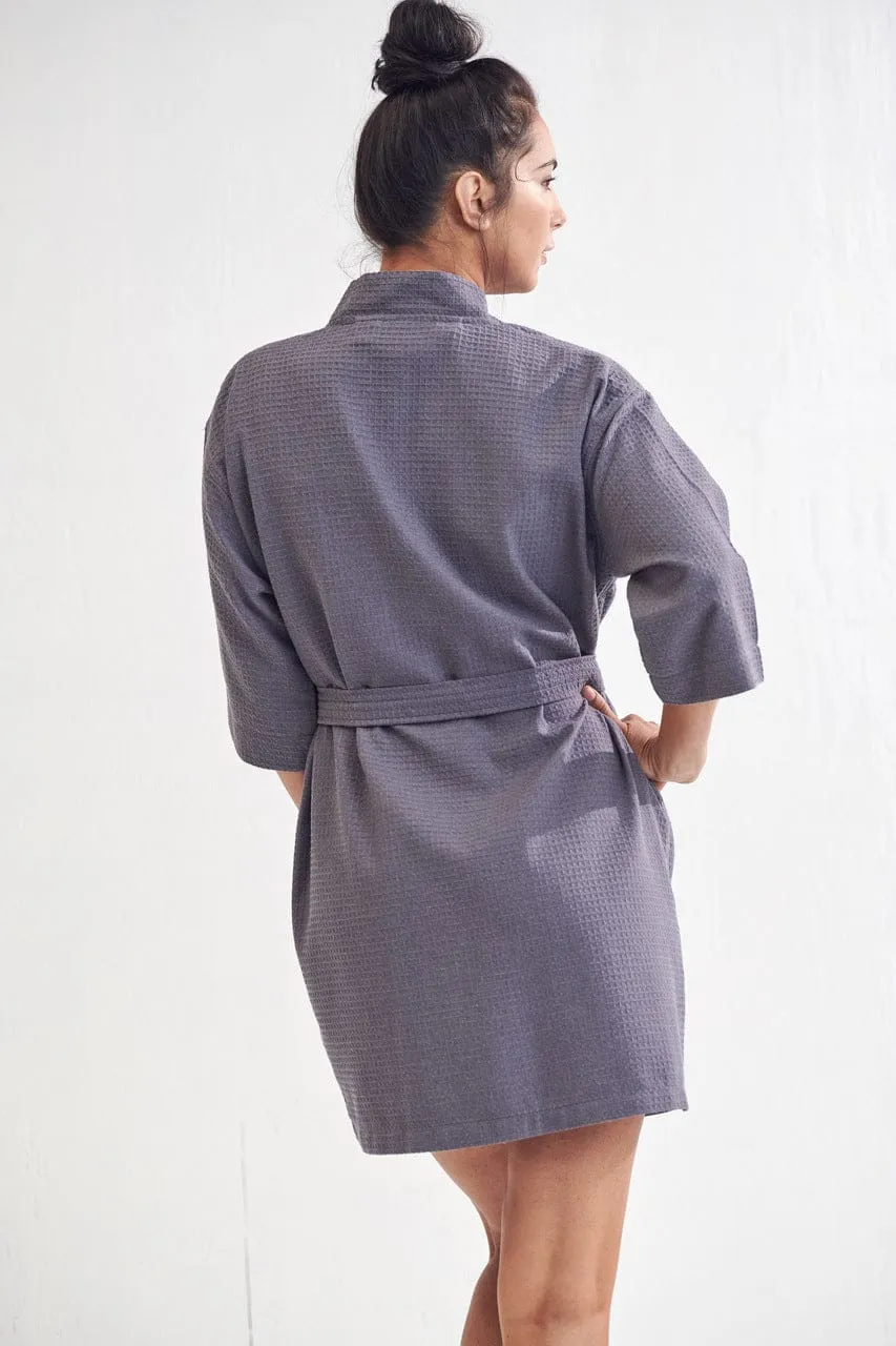 Women's Waffle Kimono Short Bathrobe- Luxurious Cotton Turkish, Absorbency & Lightweight  (Charcoal)