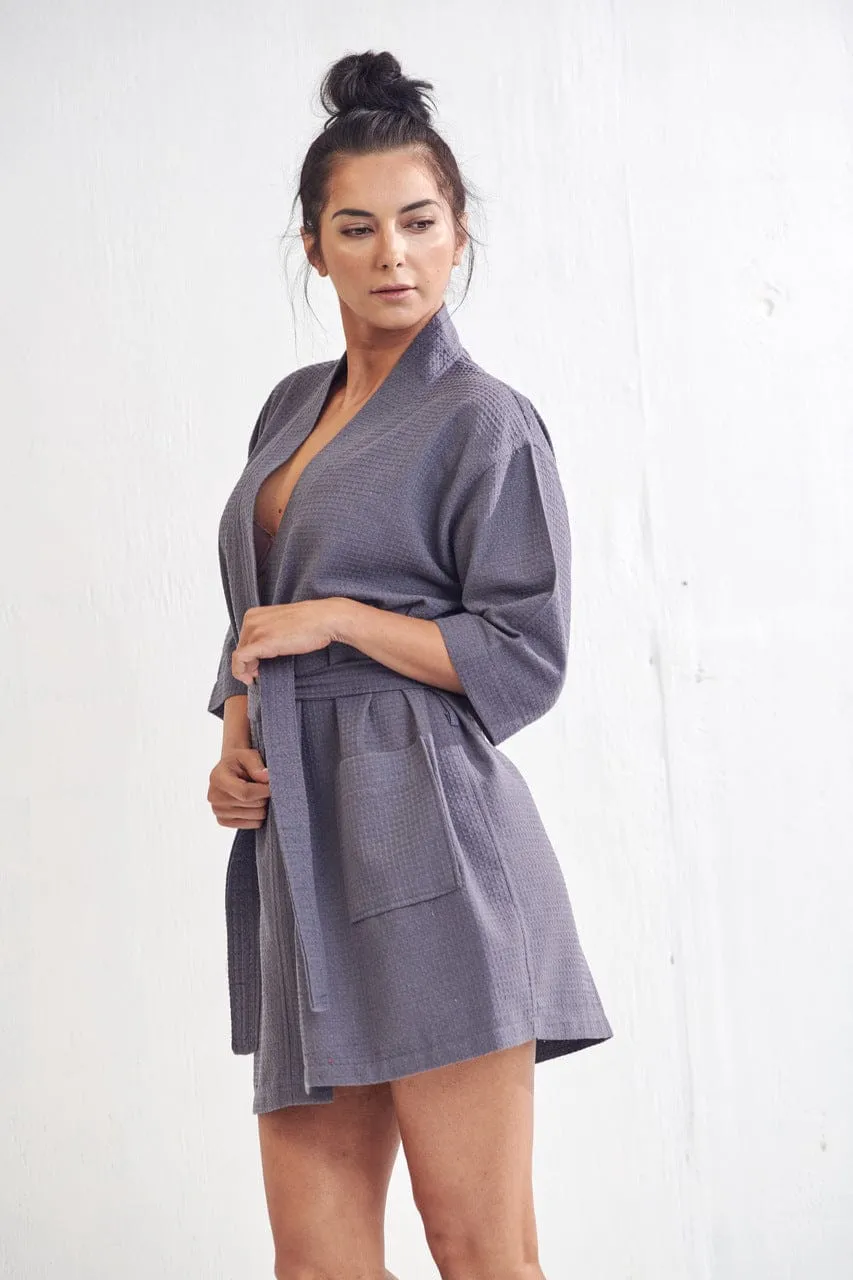 Women's Waffle Kimono Short Bathrobe- Luxurious Cotton Turkish, Absorbency & Lightweight  (Charcoal)