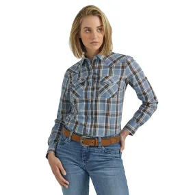 Women's Wrangler 112352960 Essential Western Blue Plaid Long Sleeve Shirt