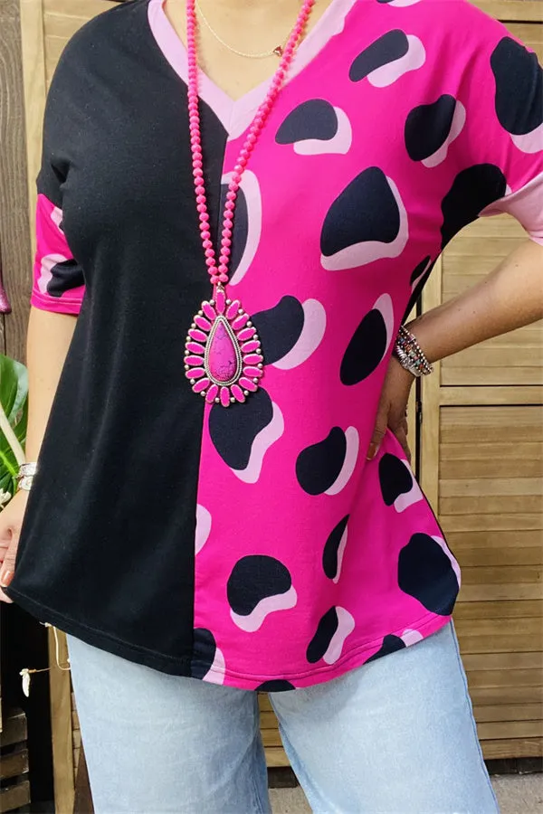 XCH14276 Black/baby pink leopard half printed short sleeve women tops (ES1)