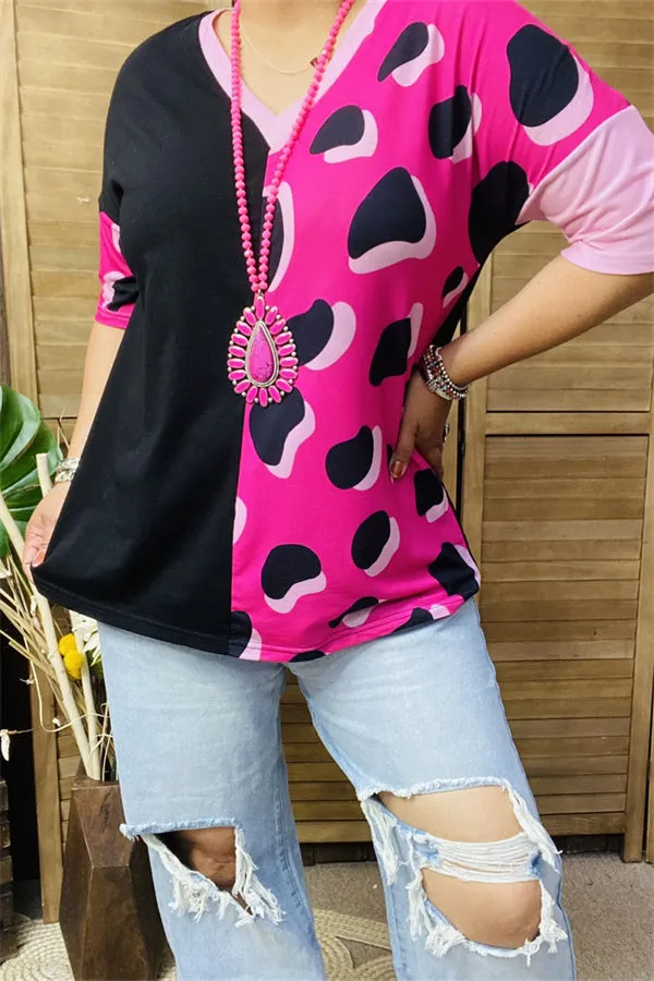 XCH14276 Black/baby pink leopard half printed short sleeve women tops (ES1)