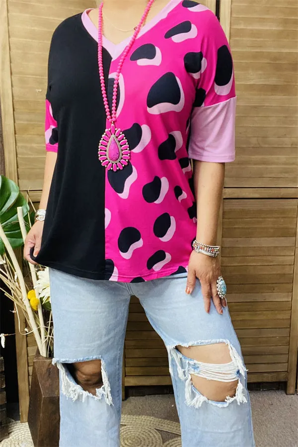 XCH14276 Black/baby pink leopard half printed short sleeve women tops (ES1)