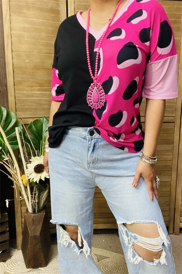 XCH14276 Black/baby pink leopard half printed short sleeve women tops (ES1)