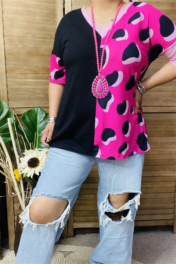 XCH14276 Black/baby pink leopard half printed short sleeve women tops (ES1)