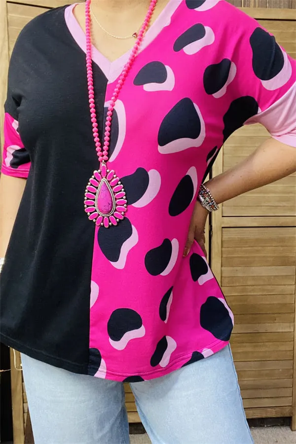 XCH14276 Black/baby pink leopard half printed short sleeve women tops (ES1)