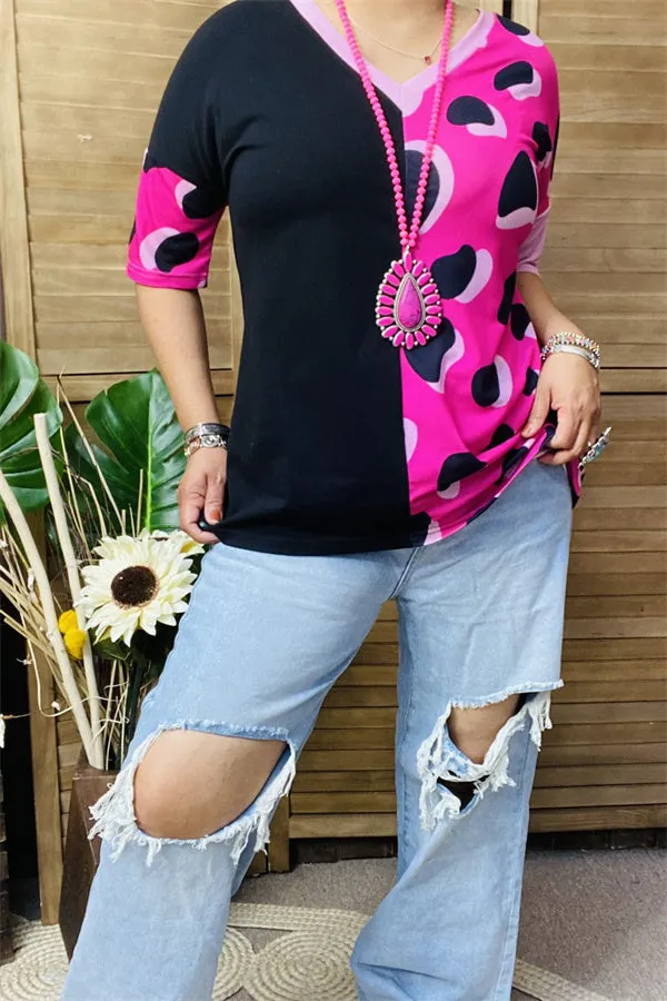 XCH14276 Black/baby pink leopard half printed short sleeve women tops (ES1)