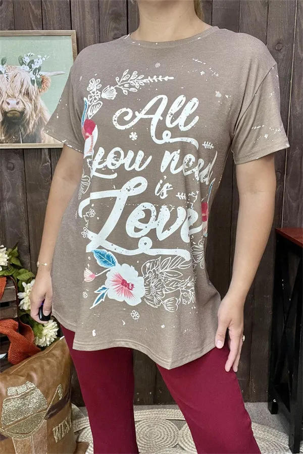 XCH14830 "ALL YOU NEED IS LOVE"words graphic printed tan fabric short sleeve women tops