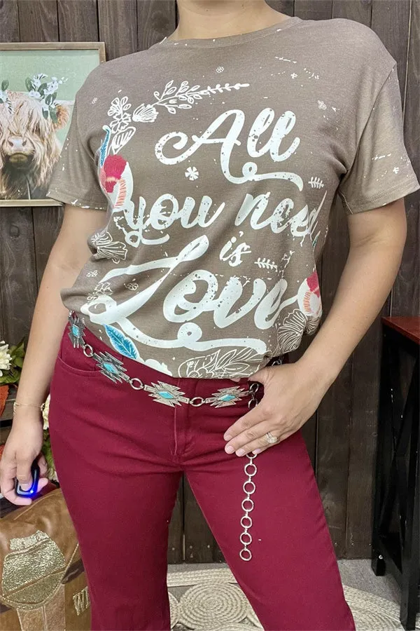 XCH14830 "ALL YOU NEED IS LOVE"words graphic printed tan fabric short sleeve women tops