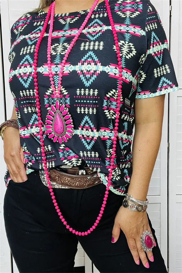 XCH15268 Aztec multi color printed short sleeve women tops