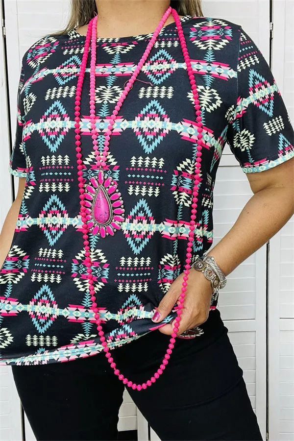 XCH15268 Aztec multi color printed short sleeve women tops